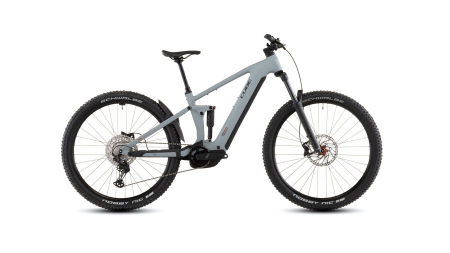 Bike Rental Gray mountain bike with thick tires and suspension on white background