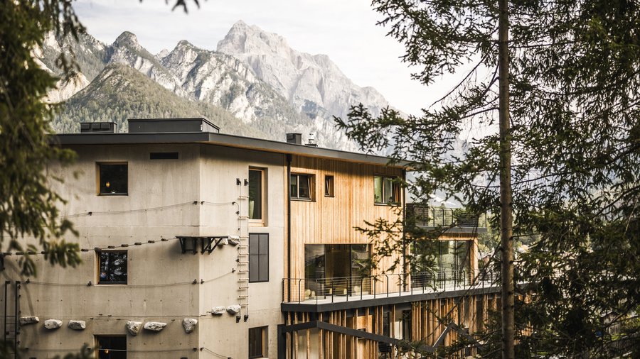 Hotel in South Tyrol with guided hikes Modern house with climbing wall and mountain view framed by tree branches