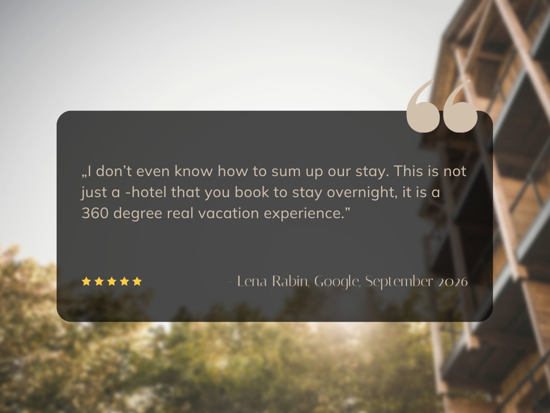 #myexcelsior Sunday News 04.10.2026 Five-star guest review over a blurred hotel building and trees