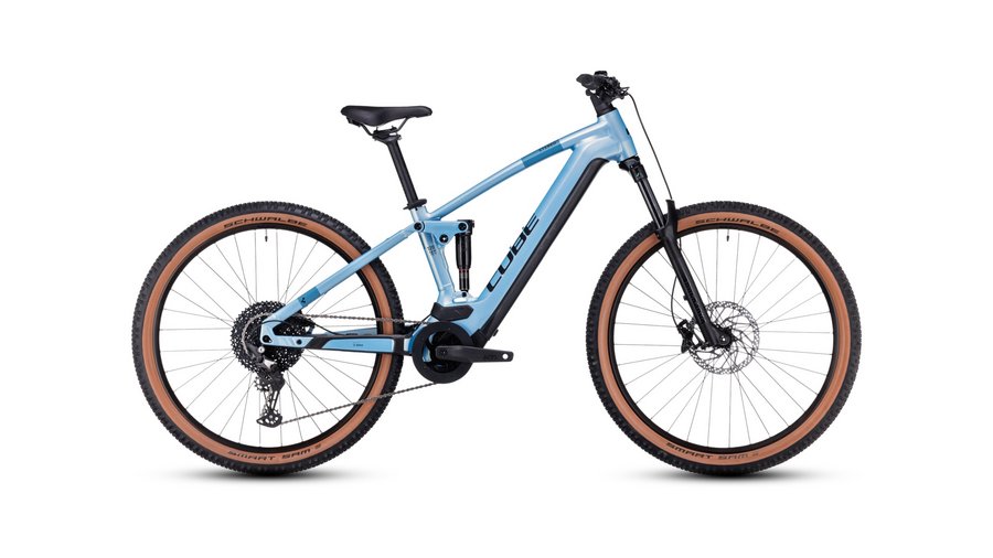 Bike rental Blue electric mountain bike with brown tires and full suspension