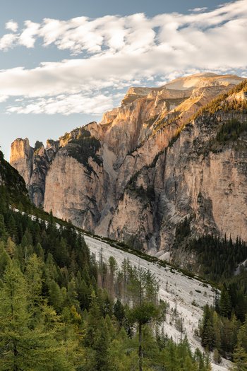 Excelsior: Wanderhotel in den Dolomiten Sonnenbeschienene Felsen und Wald in einem Bergtal unter wolkigem Himmel