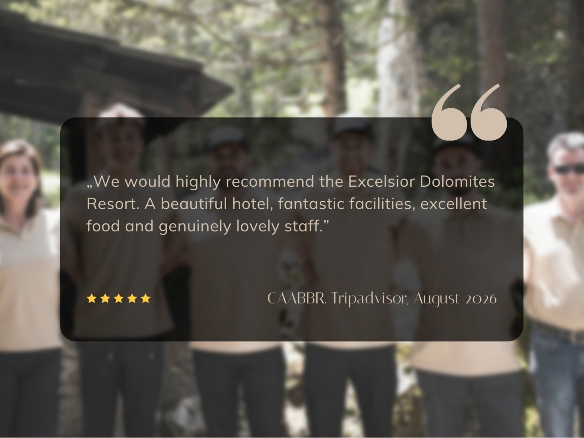 #myexcelsior Sunday News 04.10.2026 Five-star review of Excelsior Dolomites Resort overlaid on a group photo outdoors