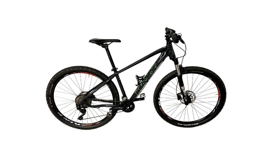 Bike rental Black mountain bike with thick tires on a white background
