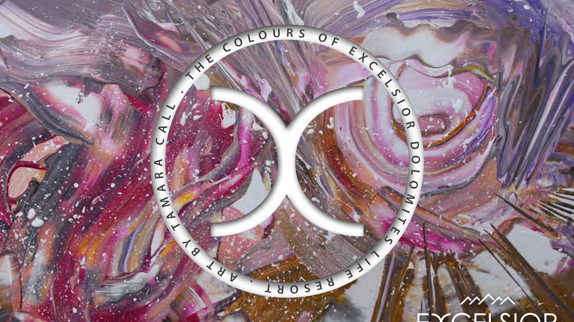 Wellnesshotel in den Dolomiten Abstrakte Farbe in Pink, Lila und Braun mit Excelsior Life Resort Logo