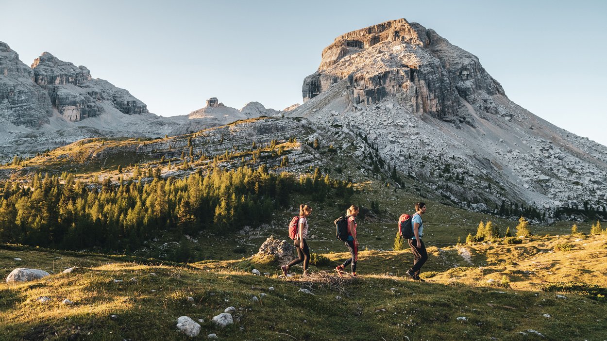 Family-friendly hotel in South Tyrol Three hikers with backpacks in mountainous landscape under sunlight