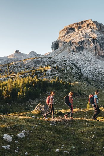 More than a hotel: Excelsior Three hikers with backpacks in mountainous landscape under sunlight