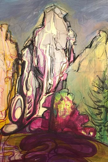 Kunst im Designhotel in Südtirol Abstrakte farbenfrohe Berge mit Linien und Formen vor grauem Himmel