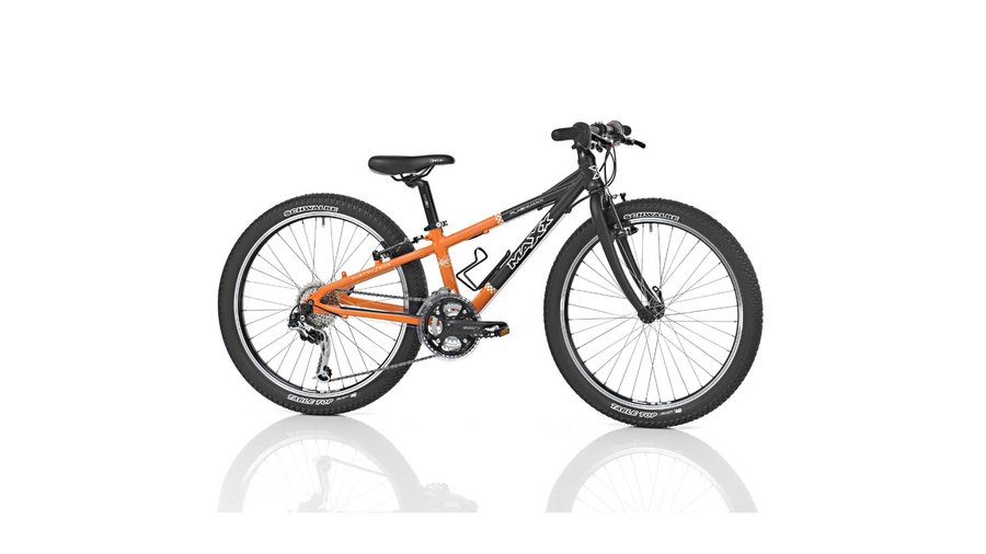 Bike-Verleih Kinder-Mountainbike in orange und schwarz auf weißem Hintergrund