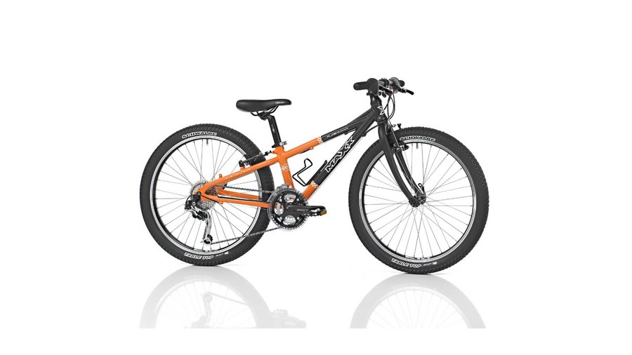 Bike rental Kids mountain bike in orange and black on white background