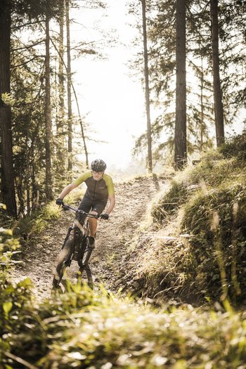Excelsior: noleggio bici a San Vigilio di Marebbe Uomo in mountain bike su sentiero boschivo sotto la luce del sole