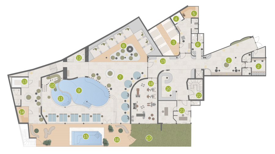 South Tyrol: wellness holiday à la Excelsior Floor plan of wellness area with pool, sauna, gym, and changing rooms