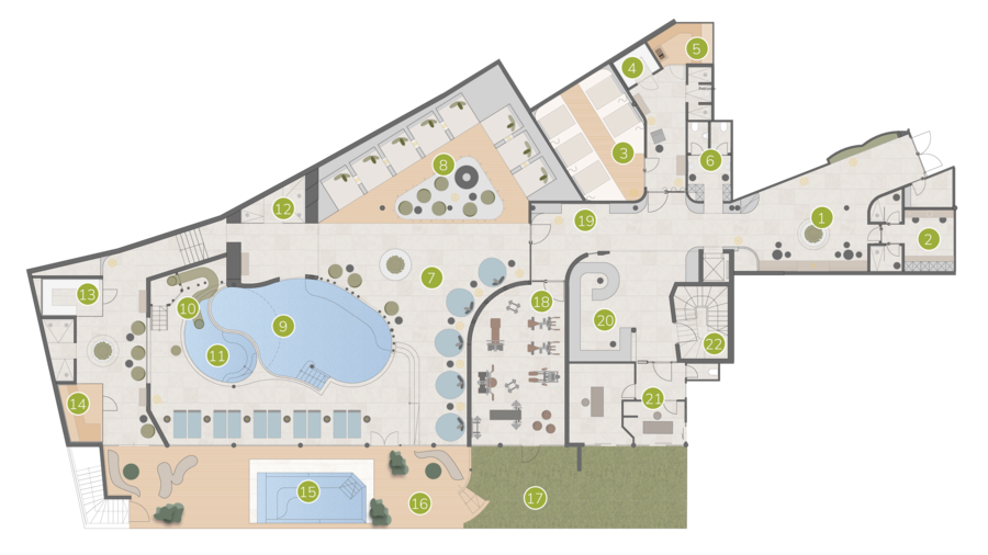 Hotel con infinity pool in Alto Adige: l’Excelsior Pianta di un centro benessere con piscina, sauna, palestra e spogliatoi