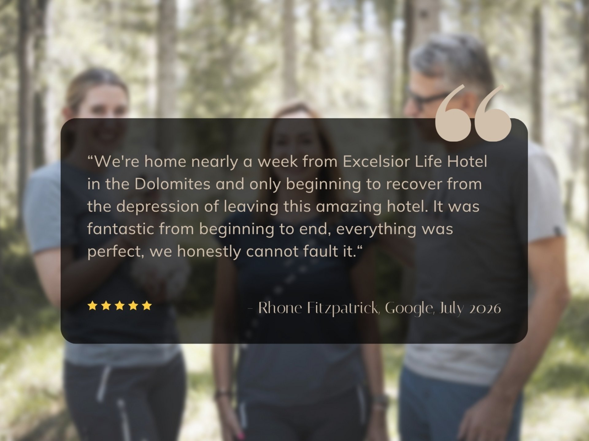 #myexcelsior Sunday News 04.10.2026 Five-star review of Excelsior Life Hotel over a photo of three people in a forest