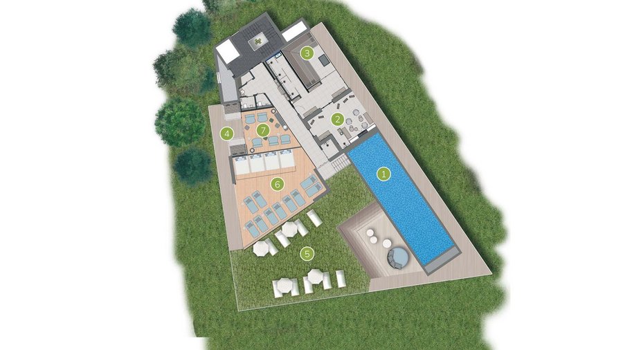 South Tyrol: wellness holiday à la Excelsior Building floor plan with pool, garden, lounge areas, and surrounding trees