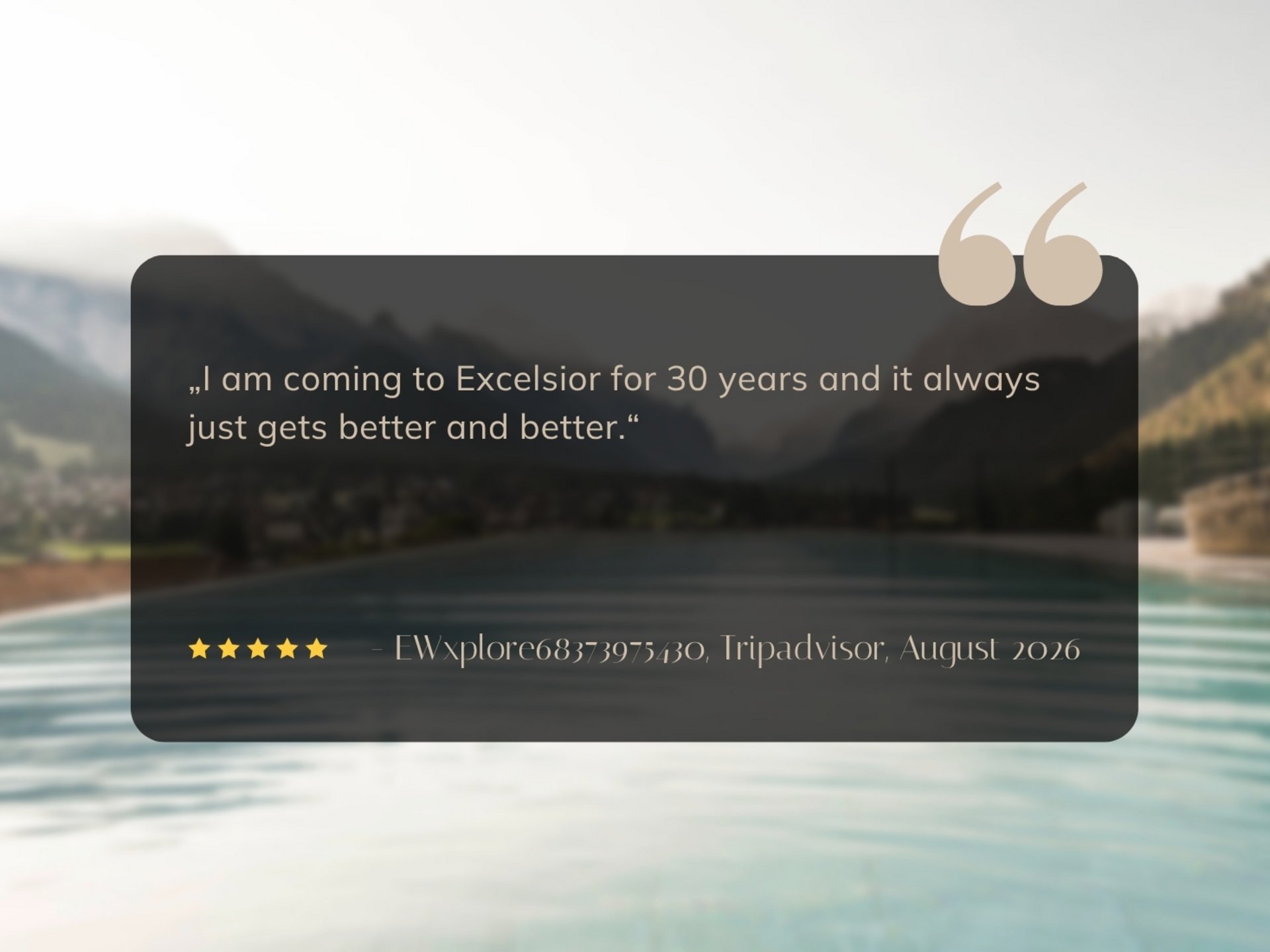 #myexcelsior Sunday News 04.10.2026 Five-star review praising Excelsior after 30 years, with a mountain lake in the background