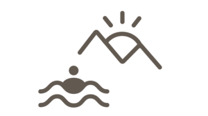 Wanderhotels Südtirol in the Dolomites Icon of a person swimming in water with mountains and sun in the background