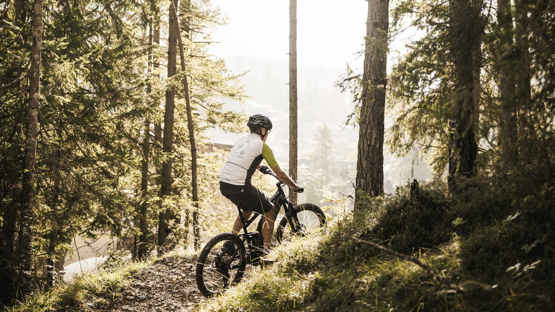 Excelsior: noleggio bici a San Vigilio di Marebbe Ciclista su mountain bike in sentiero boscoso con luce solare